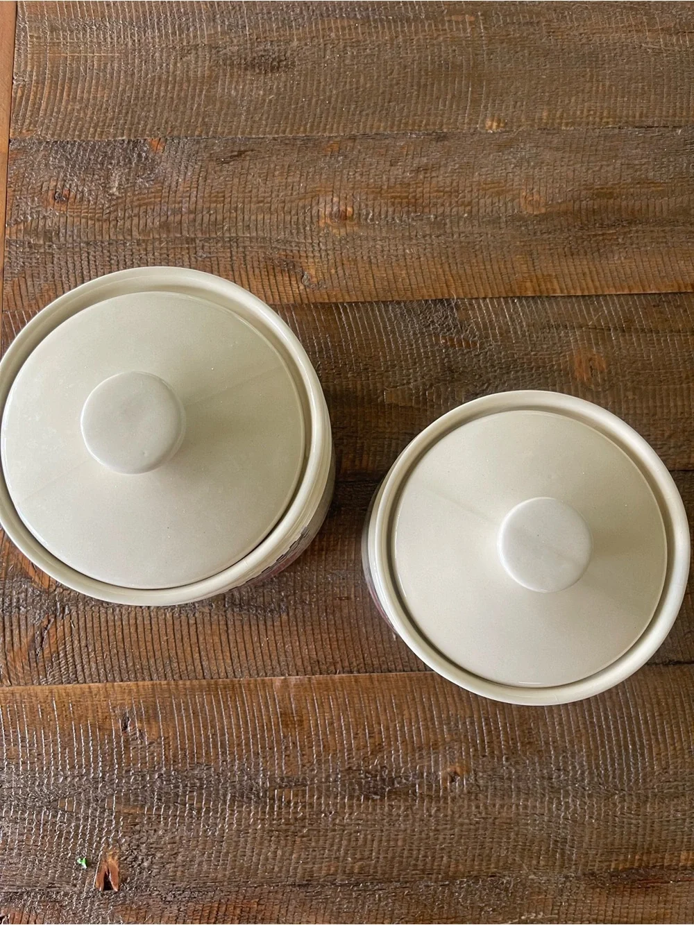 Heath Ceramics Cream Canisters with Blue and Pink Heart Motif